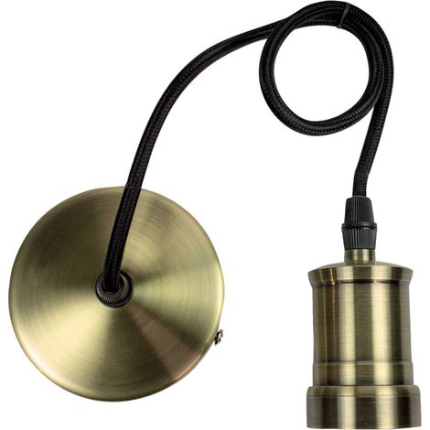 Monture suspension luminaire métal bronze, câble tissu noir, équipée d'une douille métal bronze E27, 60W maxi - Tibelec (1/4)