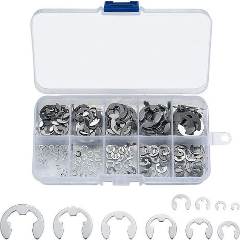 200 Pièces Anneaux de Retenue E-Clip, Rondelles de Blocage en Acier Inoxydable pour Arbres, Kit d'Assortiment de Circlips Internes et Externes, M1.5/M2/M3/M4/M5/M6/M7/M8/M9/M10