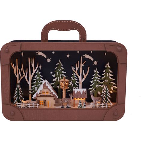 LED Winterlandschaft im Holzkoffer beleuchtet - 35x30 cm - Weihnachtsszene Tisch Deko Weihnachtsdekoration