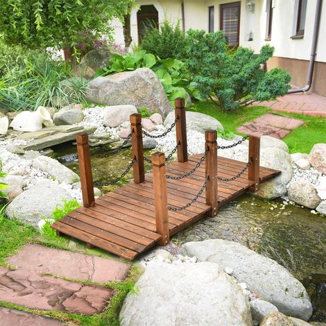Pont de Jardin Classique en Sapin Carbonisé avec Chaînes de Sécurité pour Ruisseau Jardin Cour Charge Max 225 Kg
