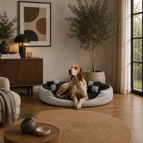 belviona 4-in-1 Hundebett, Hundekörbchen mit Wendekissen, wasserabweisend, tiefer Einstieg & 2 Spielkissen, 110x80 cm, grau/schwarz (1/5)