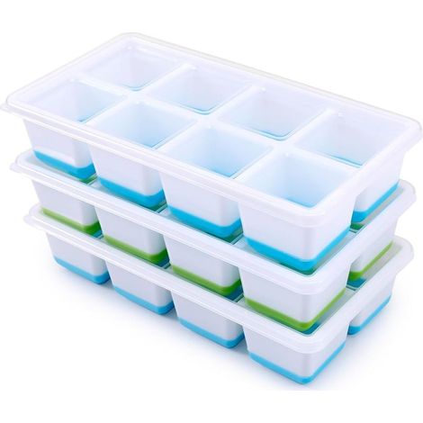 3 Pack de Grands Moules à Glaçons en Silicone avec Couvercle, Bac à Glaçons Empilable, Forme de Glaçons Sûre et Saine pour Babybrei, Cocktail, Whisky, Café (2 Bleu+Vert) (1/5)