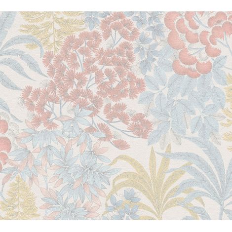 Papier peint nature bleu, rose, jaune Tapisserie feuillage et florale style exotique Papier peint tendance résistant idéal pour couloir (1/5)