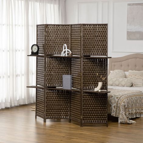 Cloison amovible Paravent intérieur séparateur de pièce 4 panneaux 2 étagères bois de pin tressée fibres de papier 181 x 180 cm marron (1/5)