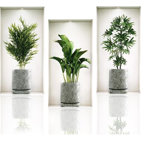 Pegatinas de pared con estampado de plantas, 3 láminas por paquete, diseño 3D, ideales para decorar las paredes del salón y el dormitorio (23 x 45 cm).