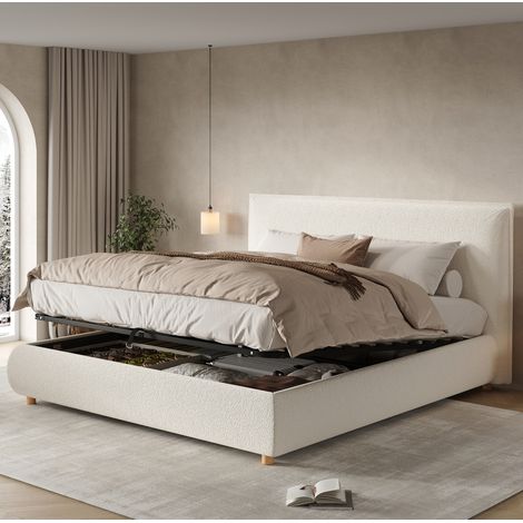 Lit double rembourré moderne bouclé blanc 180x200 cm avec tête de lit et coffre de rangement hydraulique