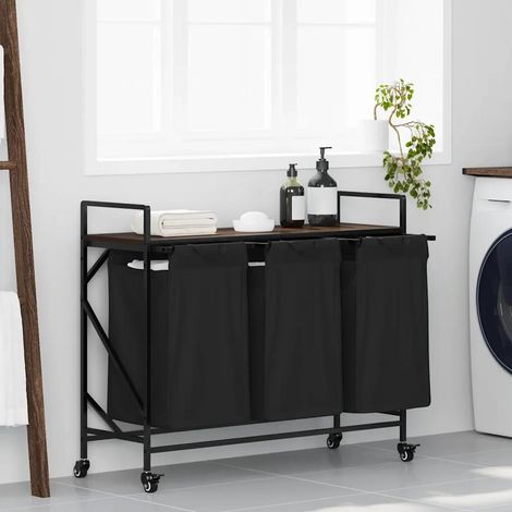 vidaXL Cesto de ropa de 3 compartimentos con ruedas, color roble marrón