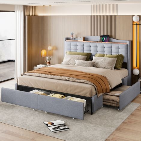 DESVIAE Lit double rembourré 160 x 200 cm avec port USB tête de lit avec tablette 4 tiroirs de rangement tissu en lin gris (1/5)