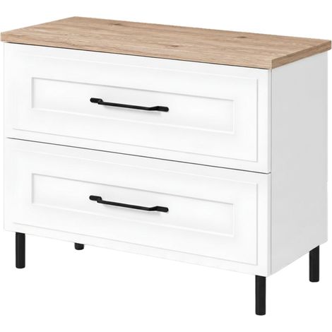 Meuble sous-vasque sur pieds 80 cm, 2 tiroirs, avec plan de travail, Blanc / Plan Chêne clair, poignées noires, pieds noirs, 80 x 46 x 73,6 cm (1/5)