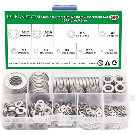 580-teiliges Unterlegscheiben-Set aus Edelstahl 304, 9 Größen – M2, M2,5, M3, M4, M5, M6, M8, M10, M12, geeignet für Heimdekoration, Fabrikreparatur, Küchen – INHHUB