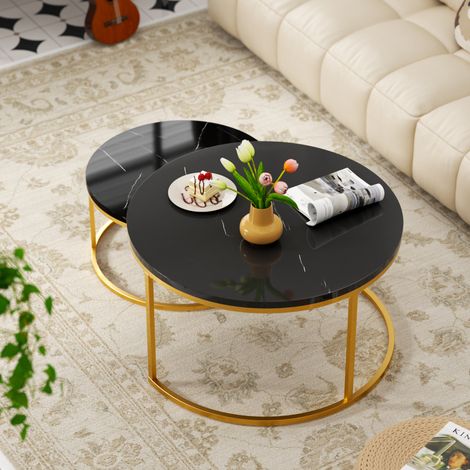 Nesting Tische MDF Schwarz-Gold mit Marmoroptik, 2er-Set Couchtische 80 cm, Metallgestell goldfarben