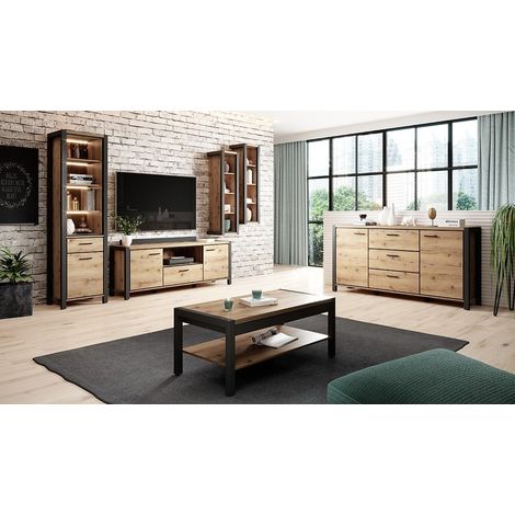 Ensemble de 6 meubles de salon collection TIVORA. Couleur chêne et noir.