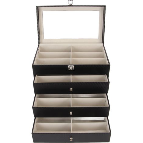 Boîte de rangement pour lunettes à quatre niveaux, boîte de rangement en fibre de carbone et cuir, boîte de rangement pour lunettes de soleil et lunettes de vue à 24 emplacements, support de rangement (1/5)