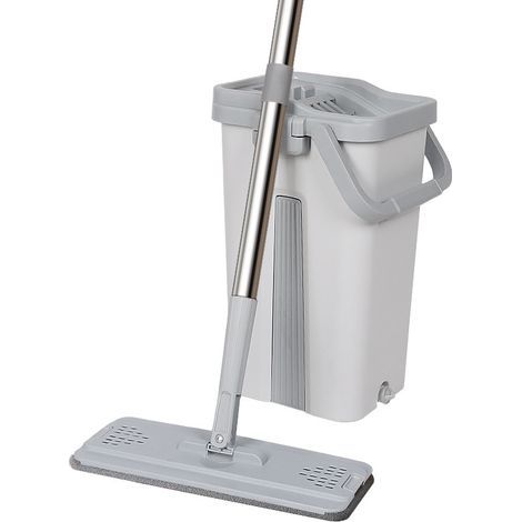 Balai microfibre et Seau Essoreur avec 6 serpillères Réutilisables Balai Plat Double compartiment blanc