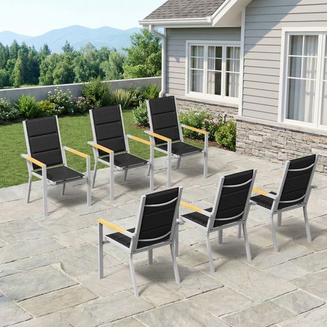 lot de 6 Chaise de Jardin Empilable, Fauteuil en Aluminium avec Accoudoirs Imitation Bois, Tissu Textilène et éponge à Séchage Rapide, Dossier Surélevé, Respirante et Confortable, Gris Clair (1/5)