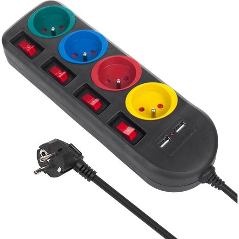 Bloc multiprises rallonge 4 Prises + 2xUSB avec interrupteurs (1/5)