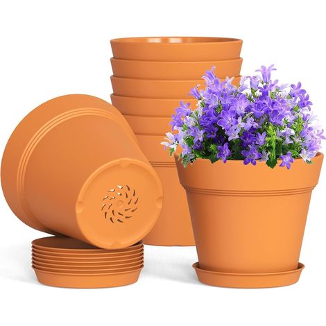 10 vasi da fiori in plastica, spessore 15 cm, con sistema di controllo delle radici, foro di drenaggio e sottovaso per piante, fiori, erbe aromatiche, succulente e cactus (terracotta)