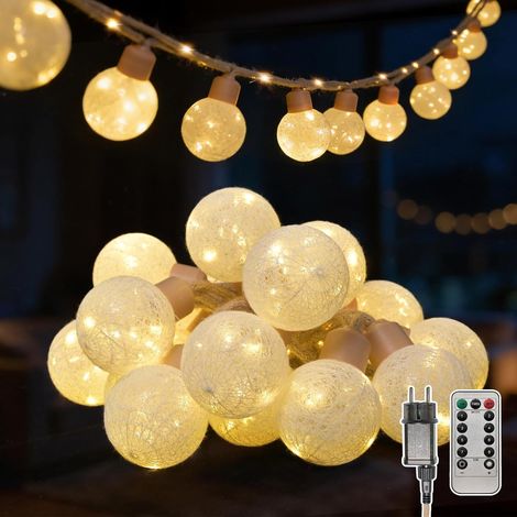 Guirlande lumineuse d'extérieur/d'intérieur avec prise, 8 m, 16 ampoules, 8 modes, intensité réglable, guirlande lumineuse à ampoules LED sphériques avec télécommande et minuterie, guirlande lumineuse