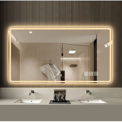 REDOM - Espejo de baño LED - 60x100 cm - antivaho - 3 colores de luz - intensidad regulable - vidrio templado plateado