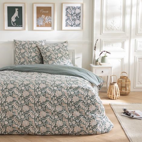Parure de lit 2 personnes en coton 57 fils imprimé vert 260x240cm (1/5)