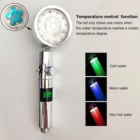 Pommeau de douche LED argenté (3/7 couleurs) avec bouton d'arrêt d'hélice, haute pression et affichage de la température. (1/5)