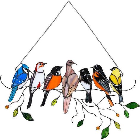 Oiseaux multicolores teintés sur fil de fer, panneau attrape-soleil en acrylique, décoration murale, pendentif suspendu, ornement pour la maison (1/5)