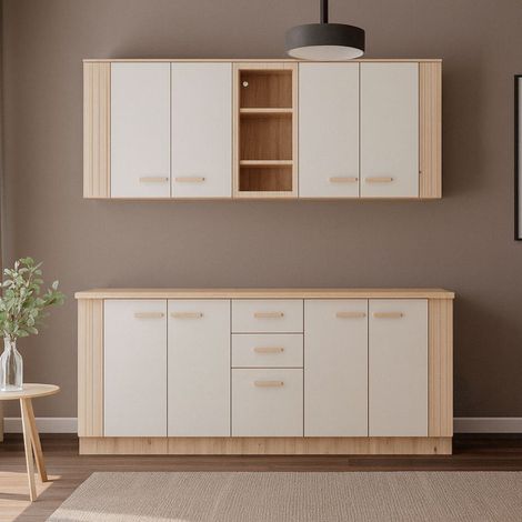 Cuisine Ghemme, 2 Tiroirs, Beige, Kitchenette, 8 Étagères, 9 Portes