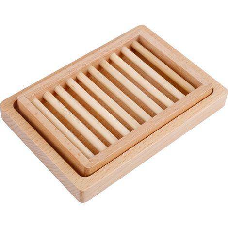 Porte-savon en bois, support de vidange de rangement pour salle de bain 14x10x2,5 cm (1/5)