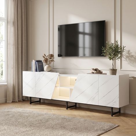Meuble TV 220 cm, Banc TV avec 4 Portes et Éclairage LED RGB, Effet Marbre, Style Moderne, Blanc (1/5)