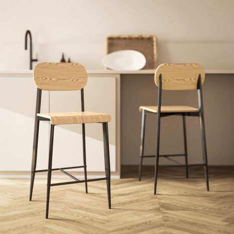 Ensemble de 2 tabourets bar, chaises de bar avec dossier et cadre métallique, bois brun clair (1/4)