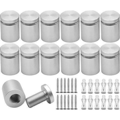 Juego de 12 soportes de pared de aluminio macizo de 19 x 20 mm - Tornillos de fijación para paneles acrílicos (cromo satinado anodizado)