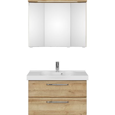Waschplatz Badezimmer mit Keramikwaschbecken TRENTO-66 in Riviera Eiche Nb., B/H/T: ca. 92/200/48 cm (1/5)