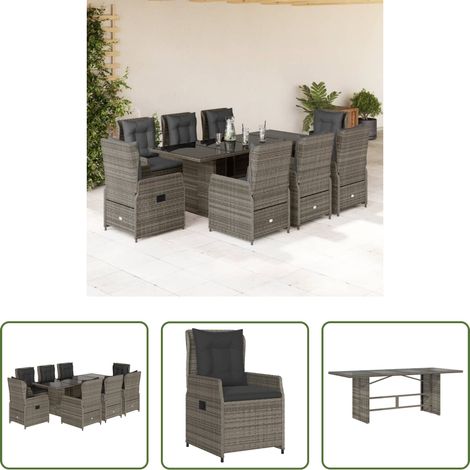 Gartentisch - 9-tlg. Garten-Essgruppe mit Kissen Grau Poly Rattan (1/5)