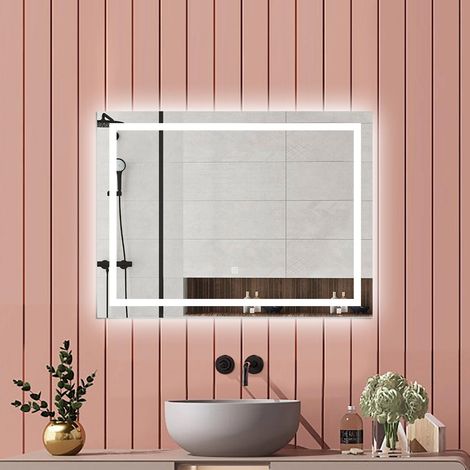 Aica Miroir de salle de bain 100x60cm Miroir Lumineux Tricolore + Dimmable + Mémoire + Anti-Buée, CE IP44