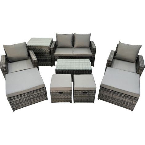 Fimous 8 Seater Wicker PE Rattan Furniture Outdoor Coffee Table Double Seat Sofa 4 Stools Side Table Set Dark Grey Mixed (1/4)