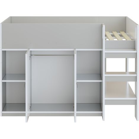 Kinder-Hochbett 90 x 200 cm mit Kleiderschrank, Regalen und Leiter, Grau/Weiß (1/4)