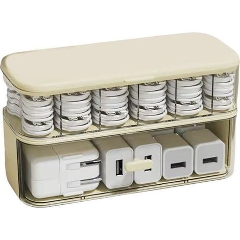 Caja organizadora de cables de escritorio compacta y transparente con tapa: organizador de cables y cargadores sin desorden. (1/2)