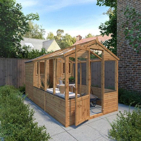 12 x 6 Feet Traditional Apex Greenhouse/Shed Combo - Timber - L367.7 x W204.1 x H205.9 cm - Brown (1/5)