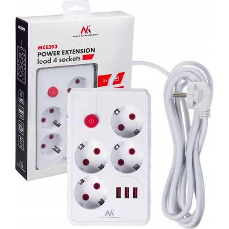 Steckdosenleiste, Verlängerungskabel, 4 Steckdosen, 3x USB, 3 m, MCE393 W (1/5)