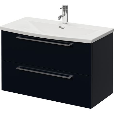 Napoli 390 Deep Blue 800mm Wall Mounted 2 Drawer Vanity Unit with Arc Basin - 800mm - Chrome 480mm Handle
