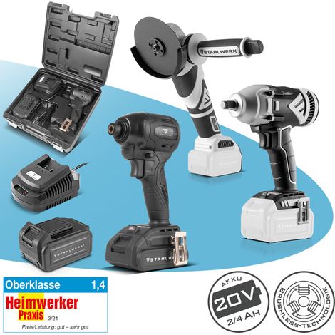 STAHLWERK Juego de herramientas sin cable de 3 piezas - amoladora angular, llave de impacto 500 Nm, llave de impacto compacta 190 Nm, 20 voltios, batería 2Ah/4Ah, cargador, juego de herramientas sin c