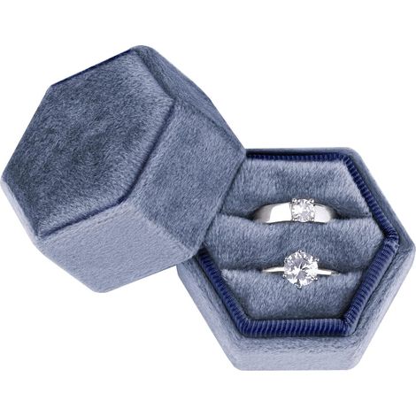 Boîte à Bagues en Velours, pour Bijoux Fentes Doubles Hexagone Boîte à Bague pour Fiançailles Cérémonie Mariage Saint Valentin Tenant 2 Bagues (Bleu Brume) (1/5)