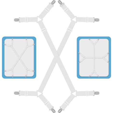 Blanc, 2 Pièces Tendeur Drap Housse Lit Drap Réglable, Attache Drap Housse, Réglable Élastiques Triangle Sangles, Elastique Drap Housse avec Clips en Métal, Compatibles avec Tous Les Matelas Carrés