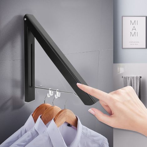 Porte-vêtements mural télescopique pliable en aluminium spatial de 120 cm, fixé par double support, noir, idéal pour balcon d'hôtel. (1/5)