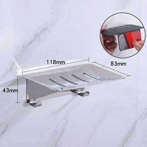 Jabonera de ducha autoadhesiva de acero inoxidable, para montaje en pared, no requiere taladrar, con ganchos y orificio de drenaje, accesorio de baño. (1/3)