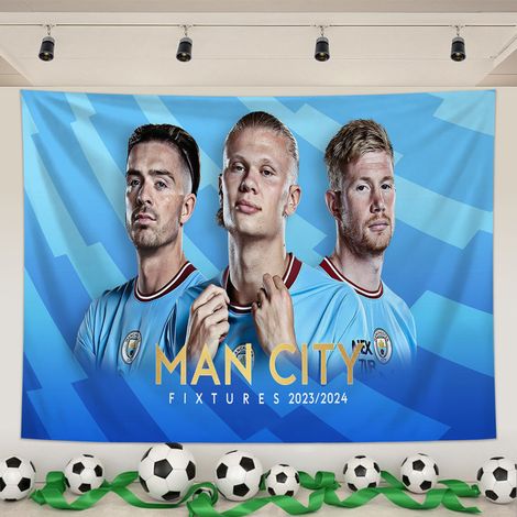 Tapisserie Murale Foot, Écussons Man City,Tissu Peachskin, Pour Salon, Bar, Chambre, Fan Zone, Outils Montage Inclus,11, 95x75cm