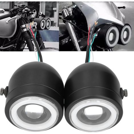 Retro-Universal-Doppel-LED-Motorradscheinwerfer mit runden, engelsförmigen Tagfahrlichtern (schwarzes Gehäuse, weißes Licht) (1/5)