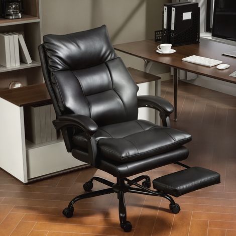 Ergonomischer Bürostuhl, Chefsessel mit breiter Sitzfläche und Fußstütze, PU-Leder, 135° Neigungswinkel, Lendenwirbelstütze, hohe Rückenlehne, höhenverstellbar, Schwenkrollen, Schwarz