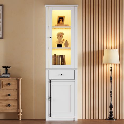 Vitrine LED 55x40x200 cm, meuble haut avec 1 tiroir, 2 portes, poignées métal et alliage aluminium, aggloméré, Blanc