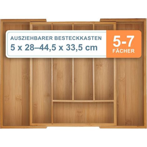 Relaxdays Besteckkasten, 5–7 Fächer, ausziehbarer Besteck Schubladeneinsatz, HxBxT: 5 x 28-44,5 x 33,5 cm, Bambus, natur